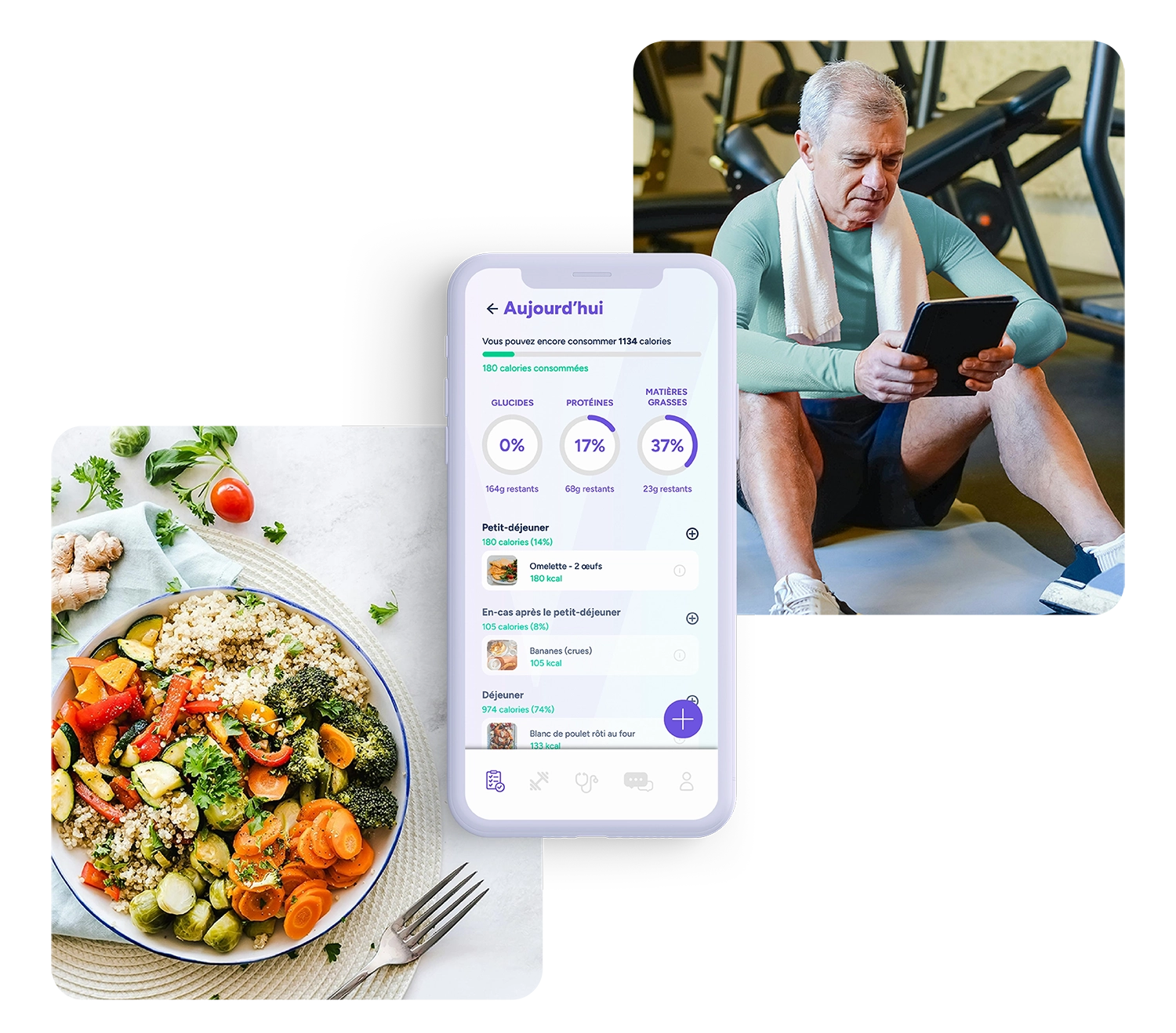 Photo d'un bol veggie et d'un homme sportif regardant une tablette avec au milieu, un iPhone avec l'application VORA et un plan nutritionnel