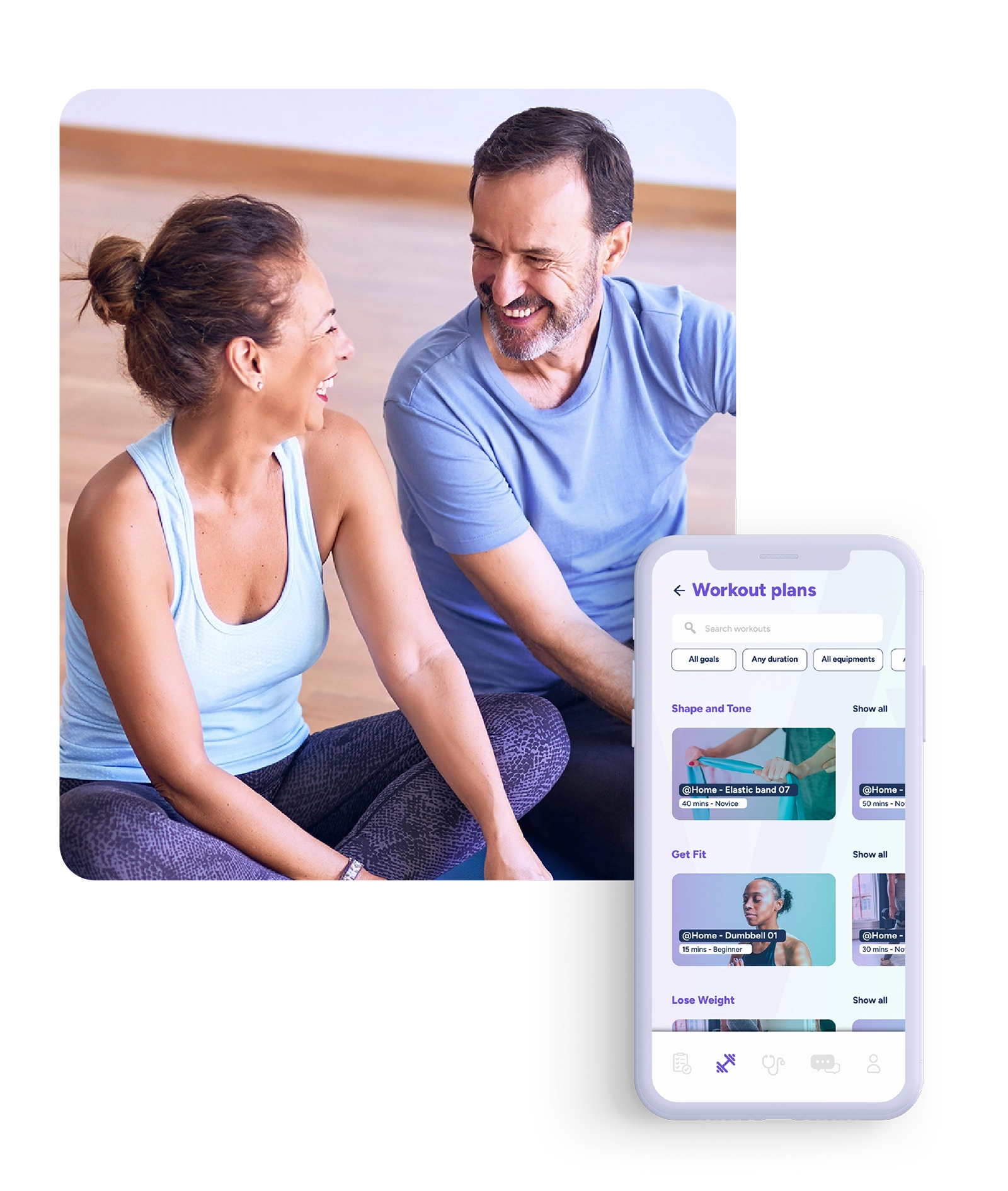 two sporty, smiling people with a smartphone and the VORA application