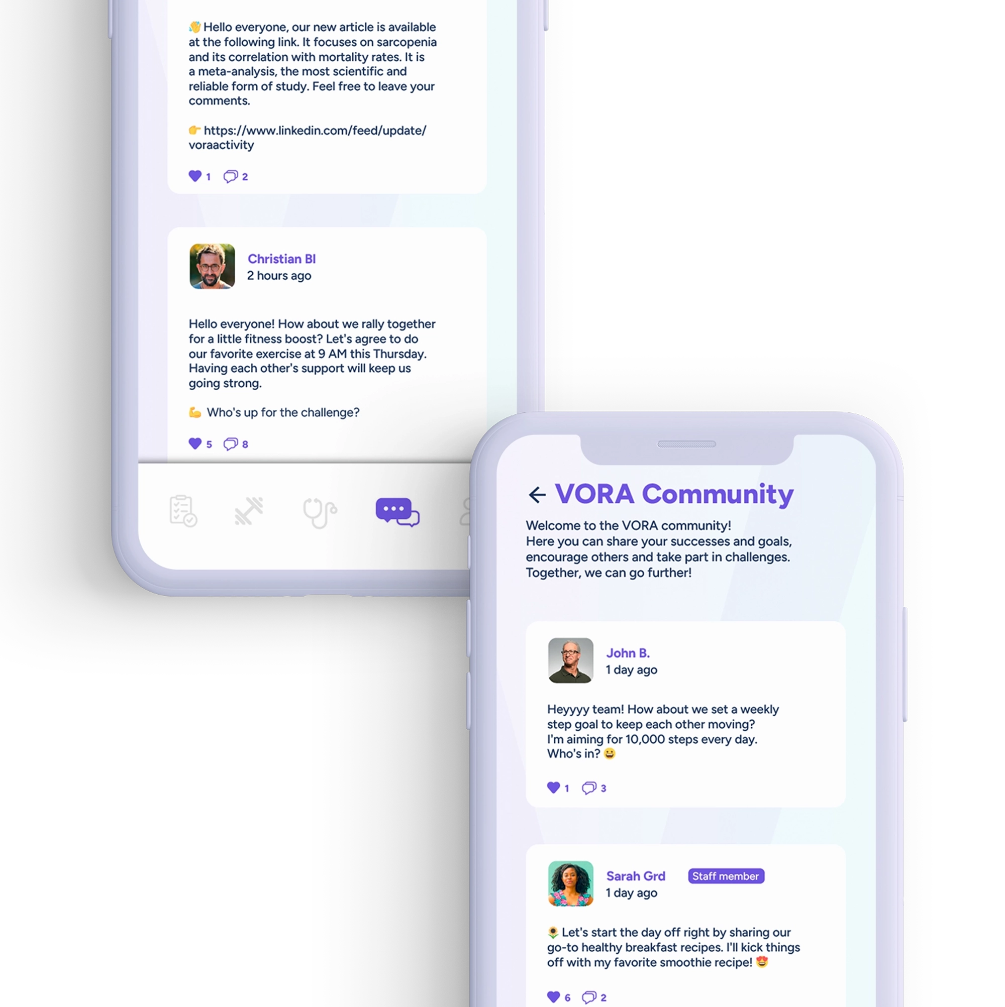 Two IPhones with VORA App showing community part