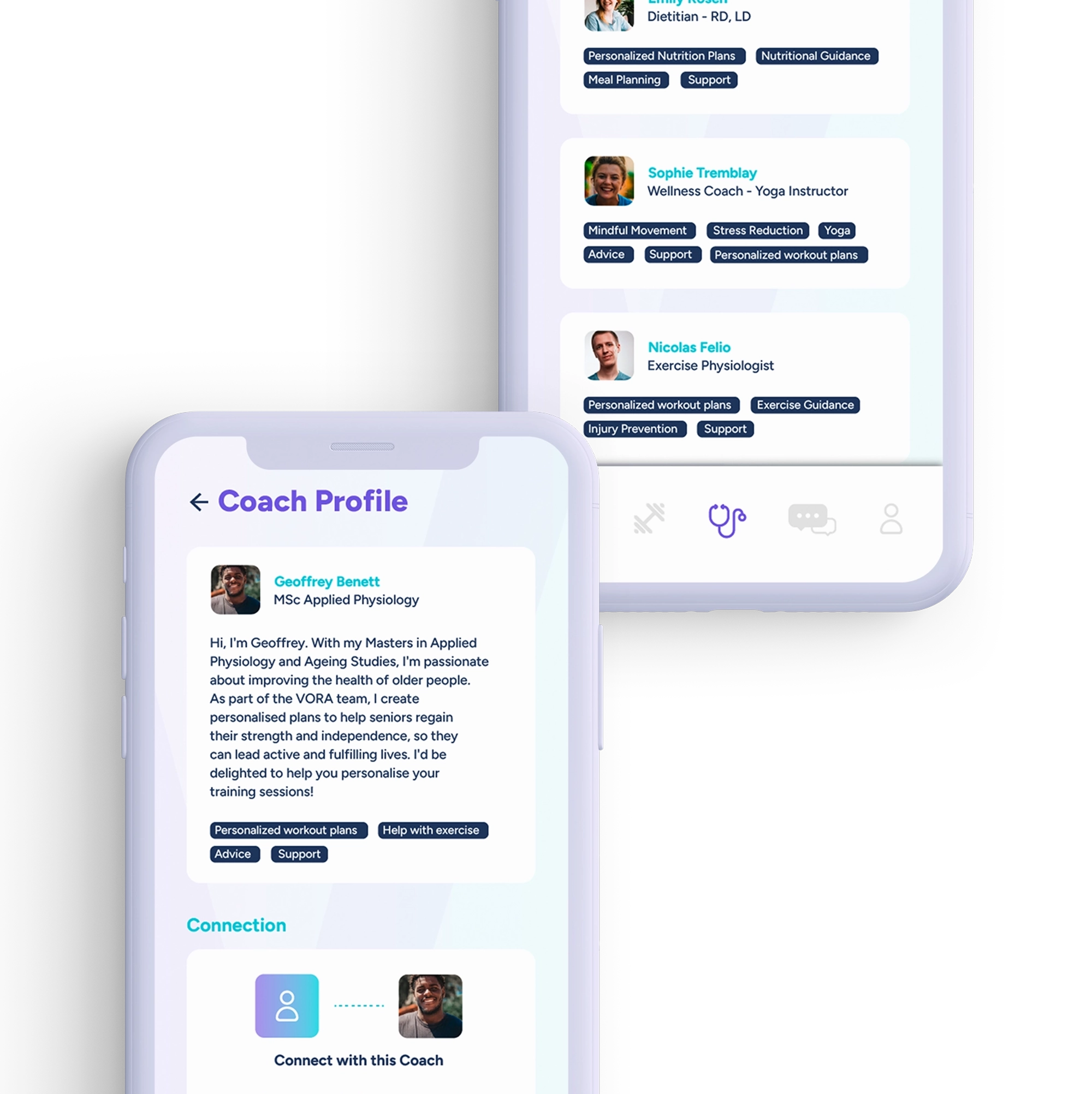 two Iphones with health experts and a coach profile on the app