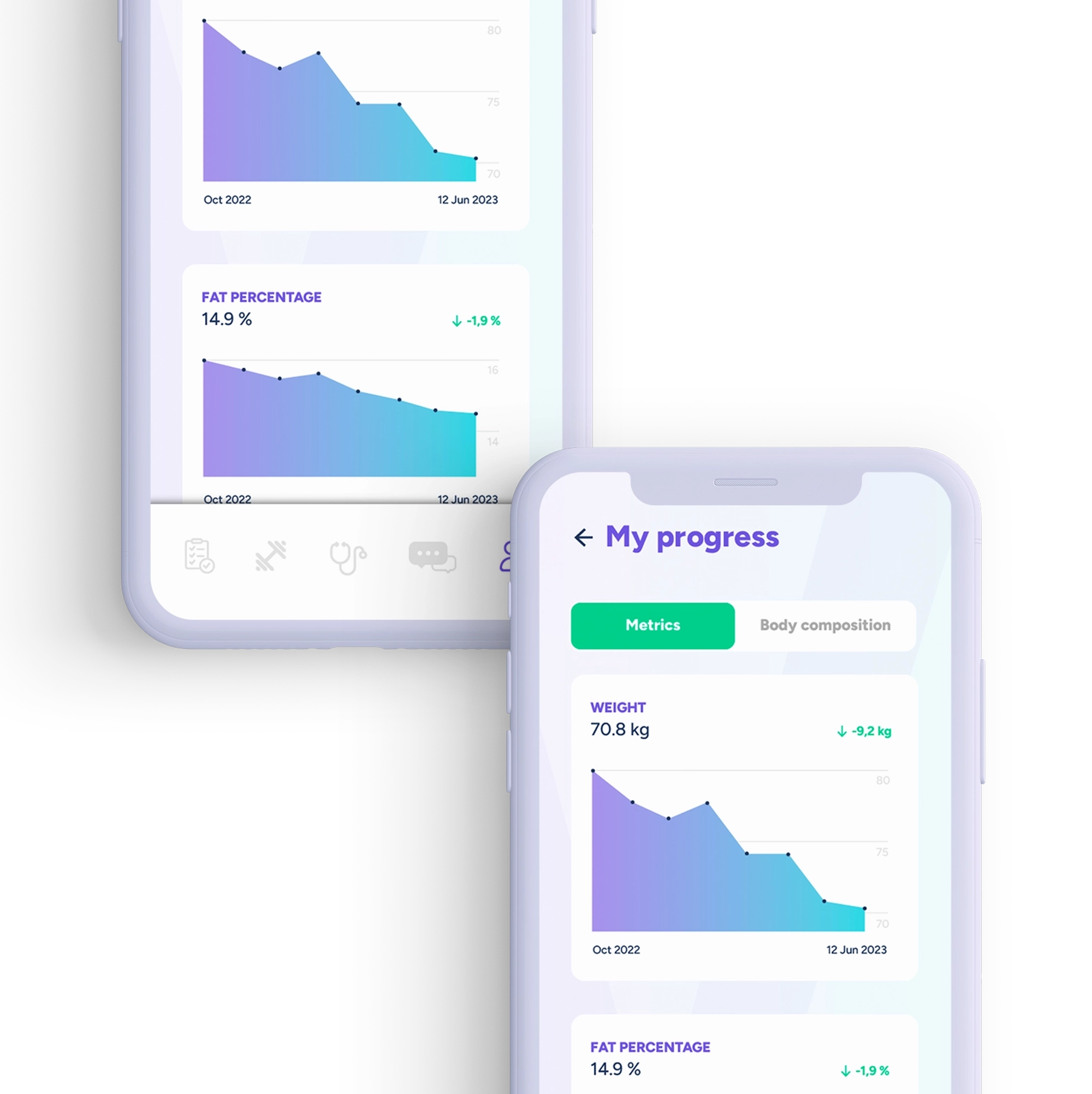 Two IPhones with VORA App showing tracking progress