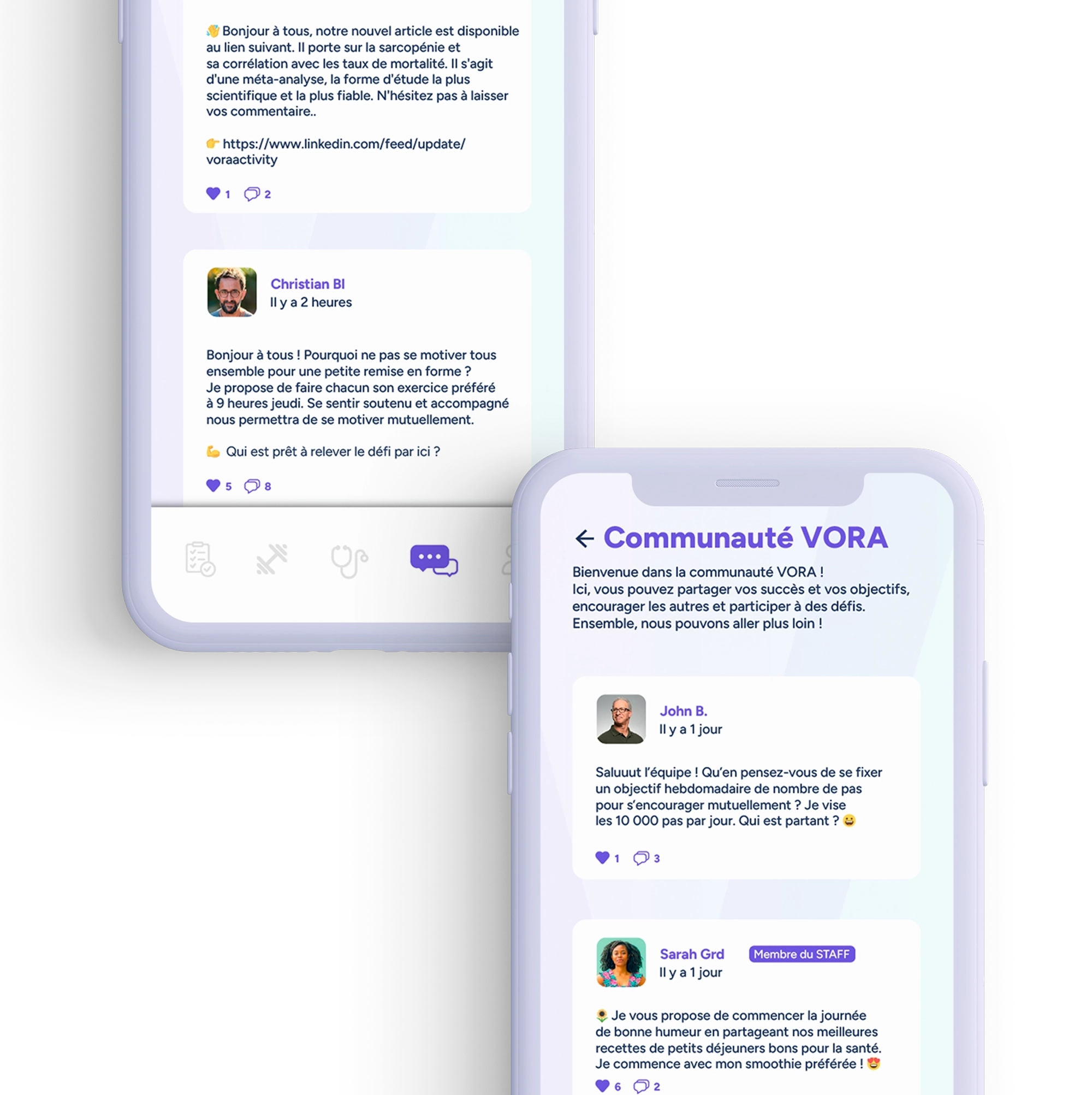 2 téléphones avec l'application VORA montrant la partie discussion