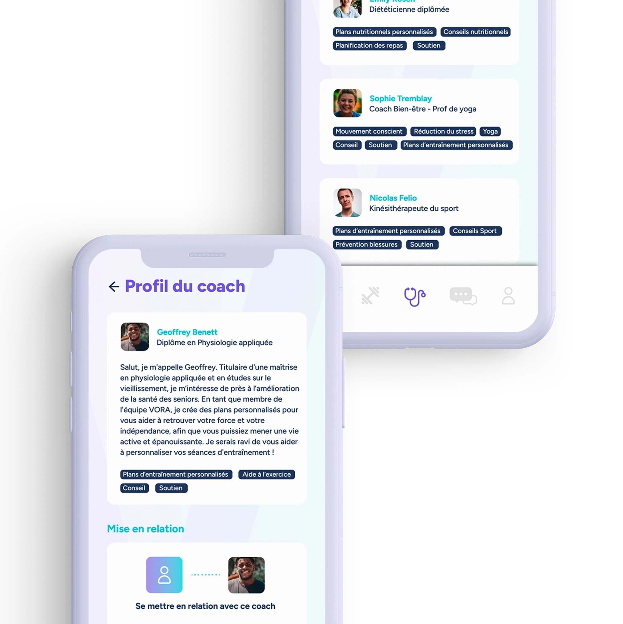 2 téléphones avec l'application VORA montrant une liste d'experts et le profil d'un coach