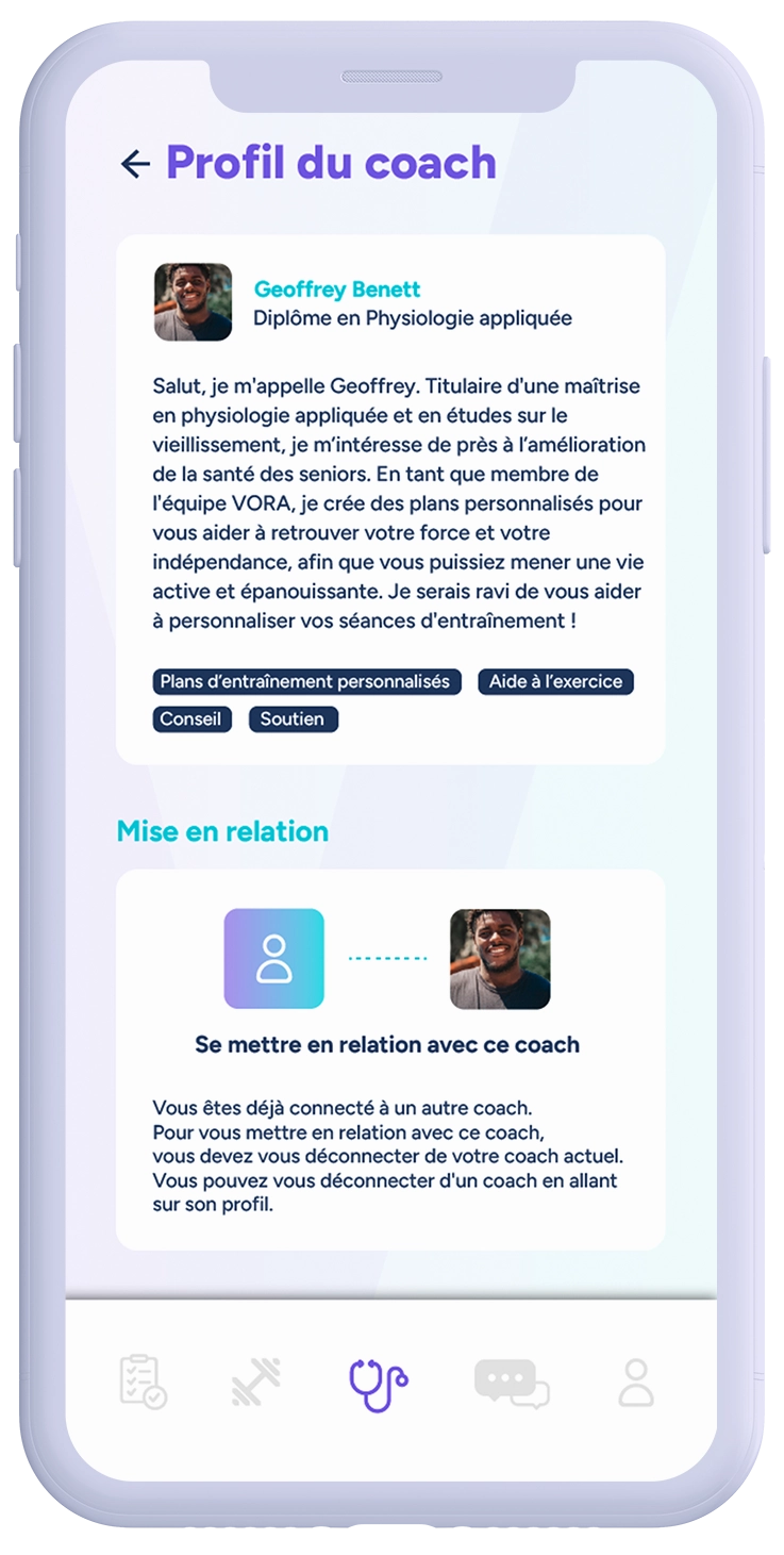 iPhone avec l'application VORA et le profil d'un coach