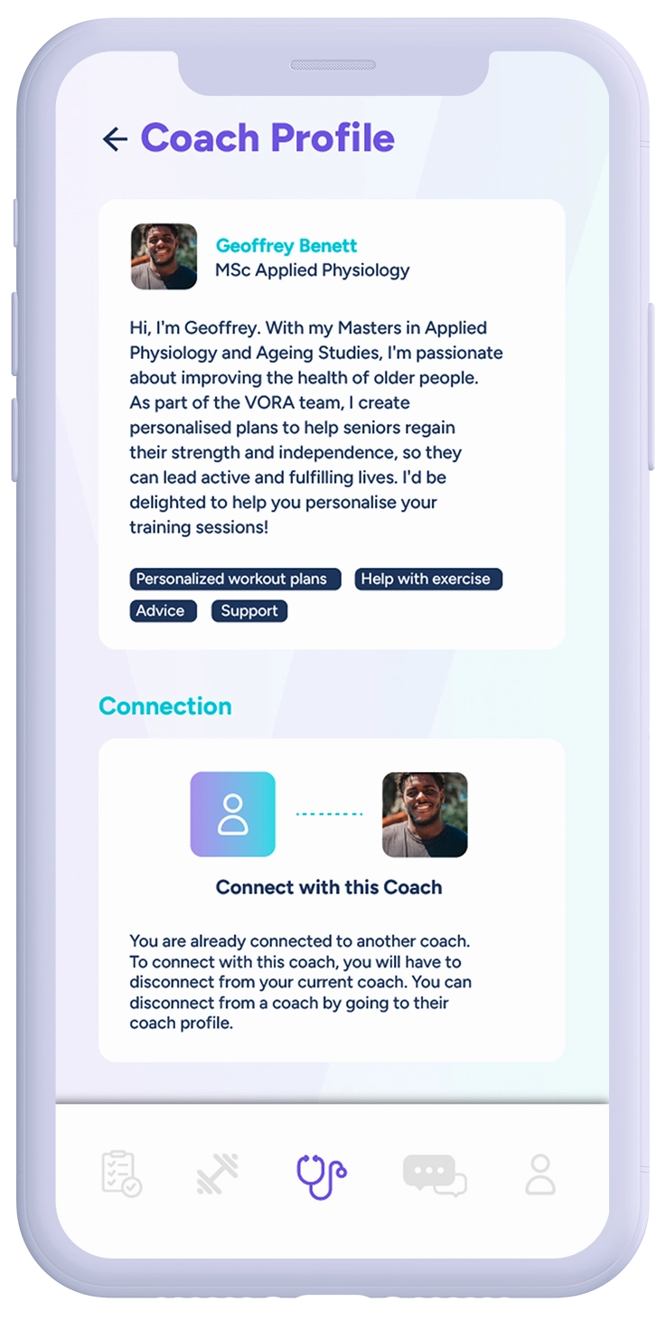 iPhone with VORA app and a coach profile