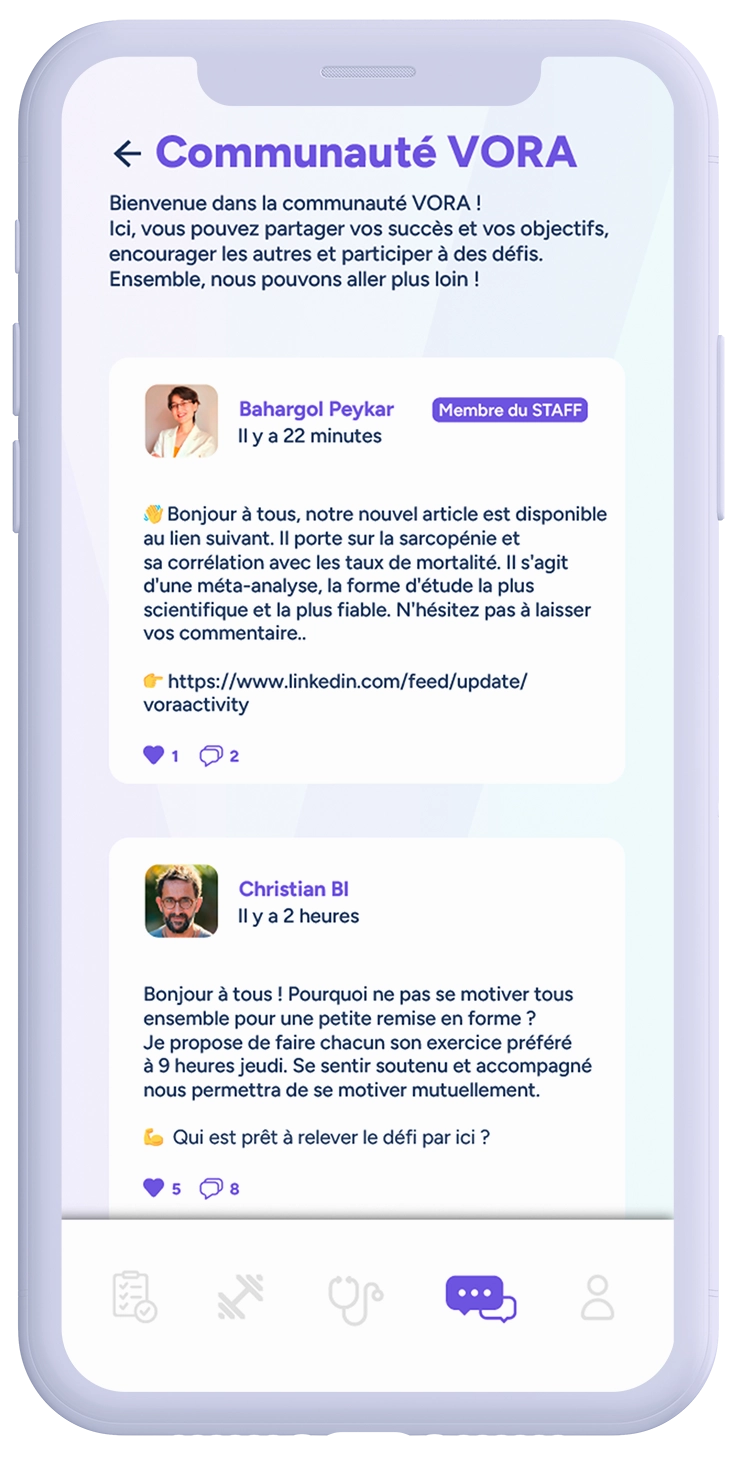 iPhone avec l'application VORA et la partie discussion