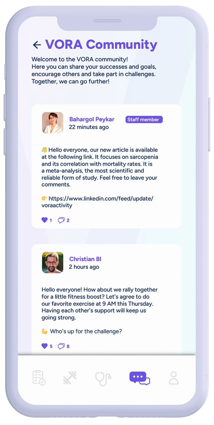 iPhone with VORA app and a community chat