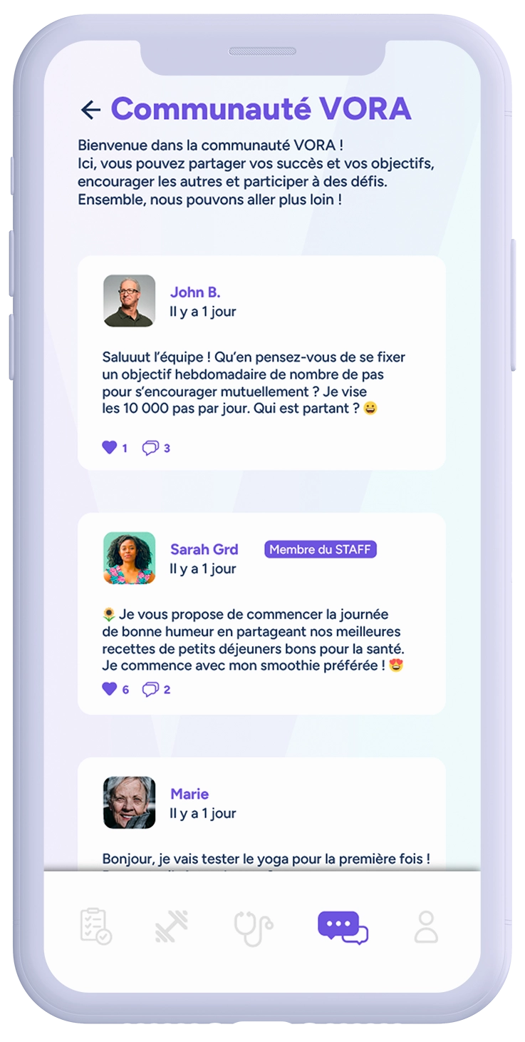 iPhone avec l'application VORA et la partie discussion