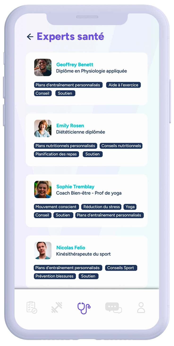 iPhone avec l'application VORA et une liste d'experts de santé