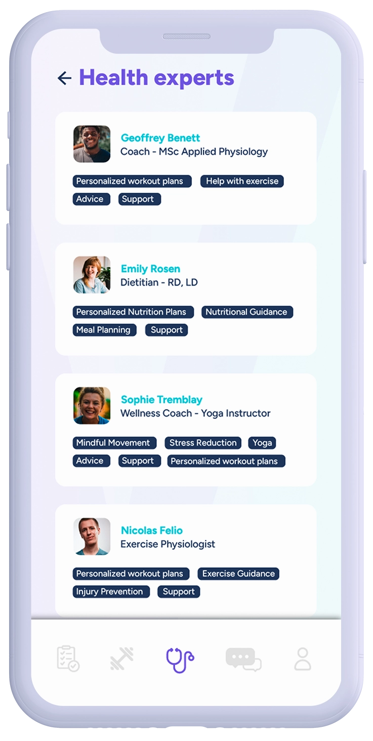 iPhone with VORA app and a list of health experts