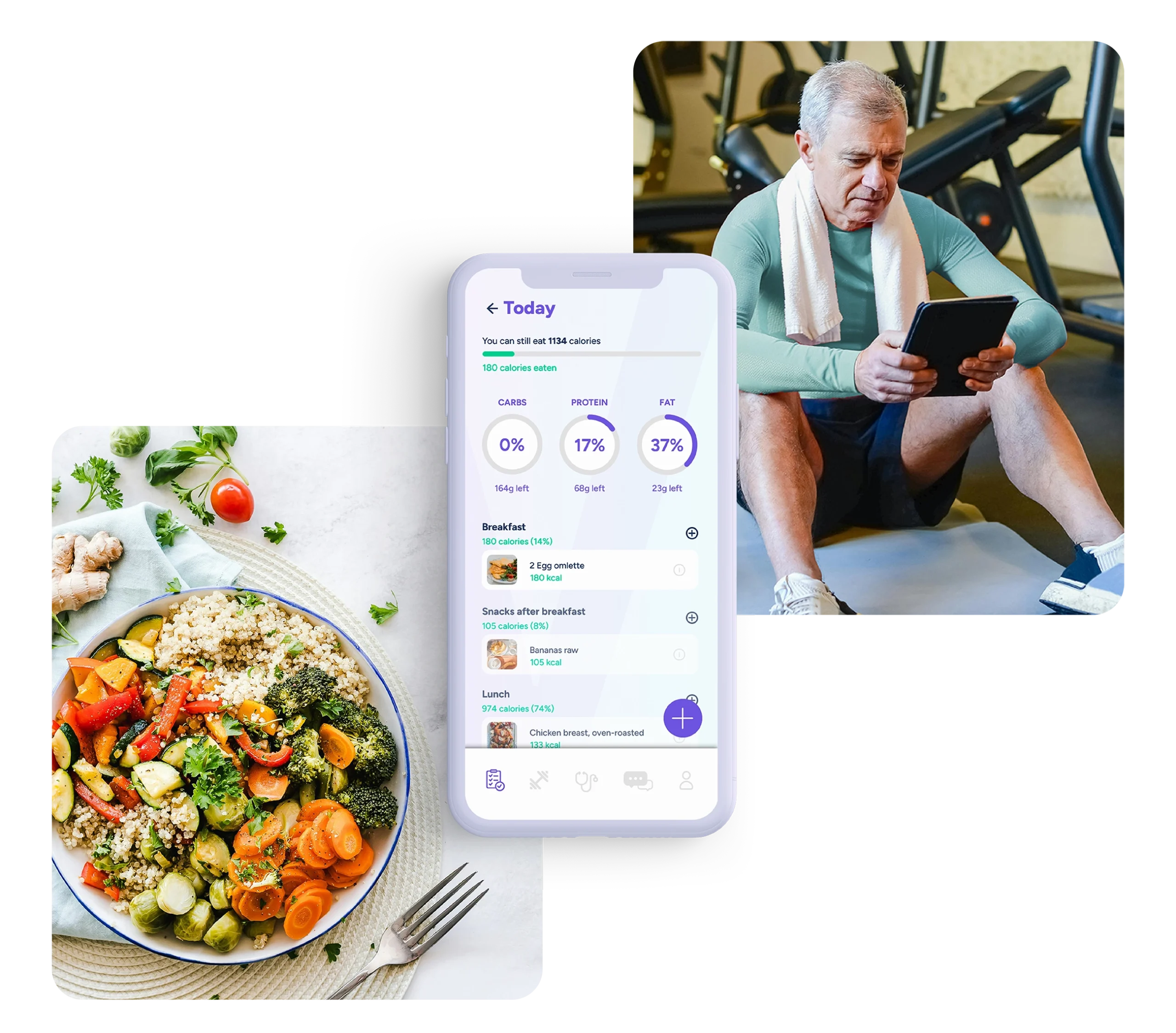 Iphone with diet plan, healthy veggie bowl and a man doing sport and looking a his tablet