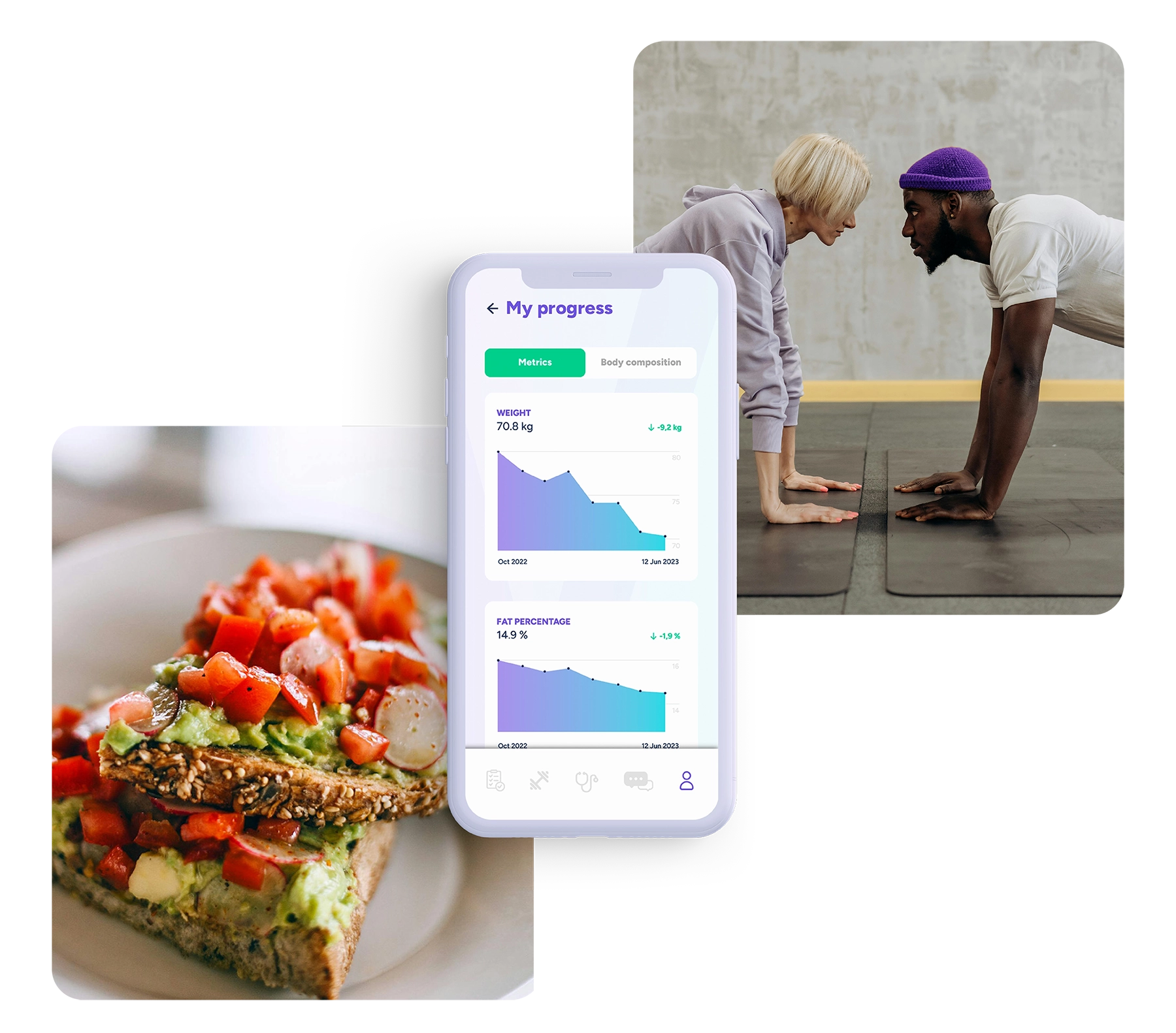 IPhone with tracking and photo of a healthhy meal and two people doing sport